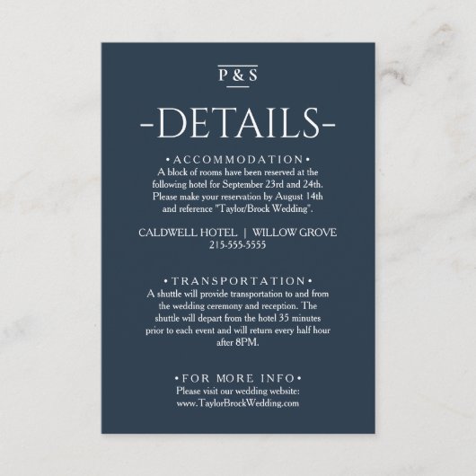 ミニマリストネイビーブルーモノグラムシ結婚ックの詳細 エンクロージャーカード (正面)