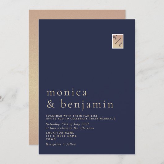 ミニマリストネイビーブルー金ゴールドモノグラムウェディング招待 招待状 (正面/裏面)