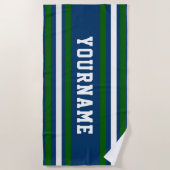 ミニマリストネイビー&グリーンストライプカスタム ビーチタオル (正面)