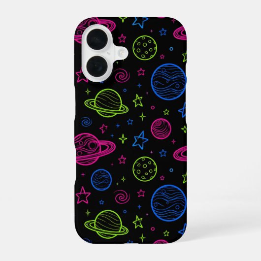 ミニマリストネオンスペース＆惑星ナイトスカイパターン iPhone 16ケース (裏面)
