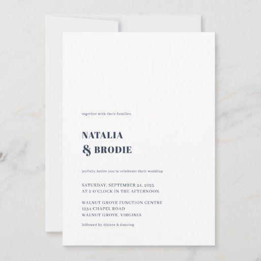 ミニマリストネービーブルーホワイト結婚式招待状 招待状 (正面)