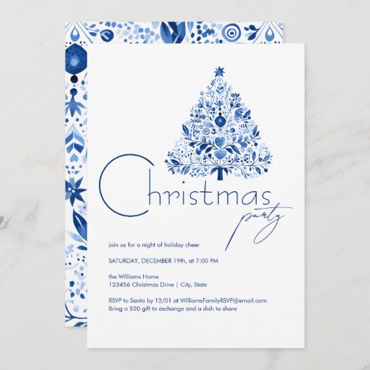 ミニマリストハイゲホワイトとブルークリスマスパーティー 招待状 (正面/裏面)