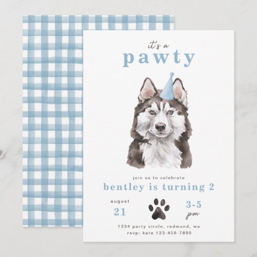 ミニマリストハスキドッグ招待状 | Pawty 招待状 (正面/裏面)