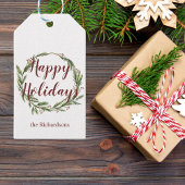 ミニマリストハッピーホリデイズウォーターカラーパインリース ギフトタグ