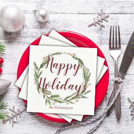 ミニマリストハッピーホリデイズウォーターカラーパインリース スタンダードカクテルナプキン