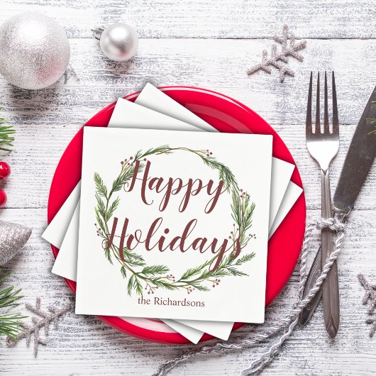 ミニマリストハッピーホリデイズウォーターカラーパインリース スタンダードカクテルナプキン