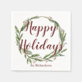 ミニマリストハッピーホリデイズウォーターカラーパインリース スタンダードカクテルナプキン (正面)