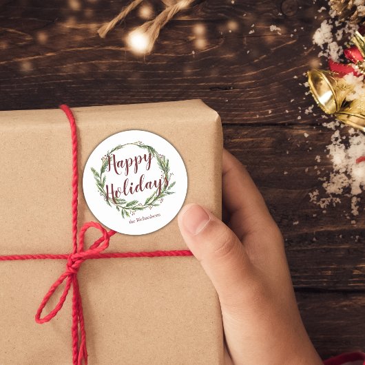 ミニマリストハッピーホリデイズウォーターカラーパインリース ラウンドシール