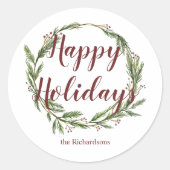 ミニマリストハッピーホリデイズウォーターカラーパインリース ラウンドシール (正面)