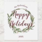 ミニマリストハッピーホリデイズウォーターカラーパインリース ワインラベル (シングルラベル)