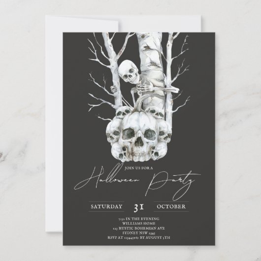 ミニマリストハロウィン幽霊のよく出るの笑顔のスケルトン 招待状 (正面)