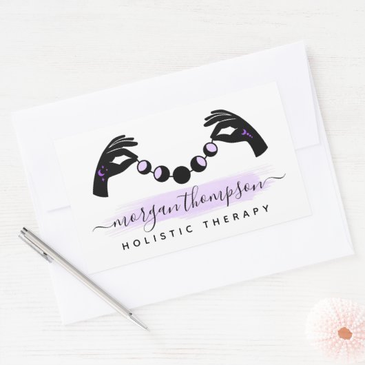 ミニマリストハンズ&ムーンフェイズマッサージ霊気ロゴ 長方形シール (封筒)