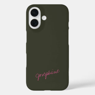 ミニマリストハンドレタリング名グリーンピンクカスタム色 iPhone 16ケース