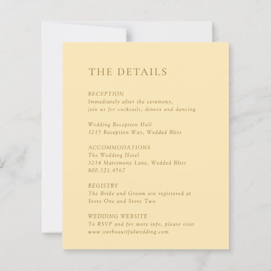 ミニマリストバターイエローバジェット結婚式招待状 (裏面)