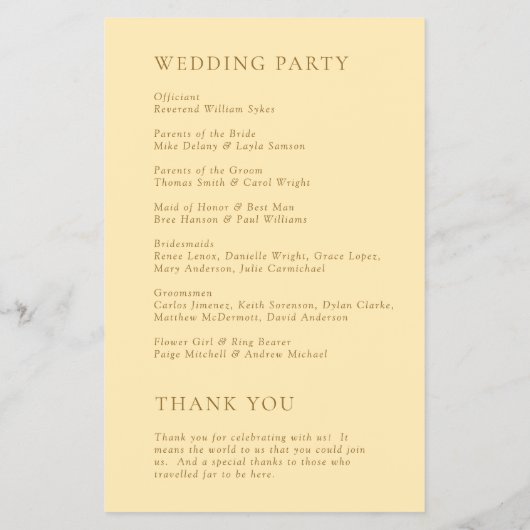 ミニマリストバターイエローバジェット結婚式 プログラム チラシ (裏面)