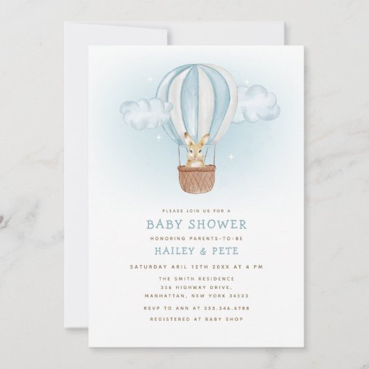 ミニマリストバニーバルーンママへビー赤ちゃんシャワー 招待状 (正面)
