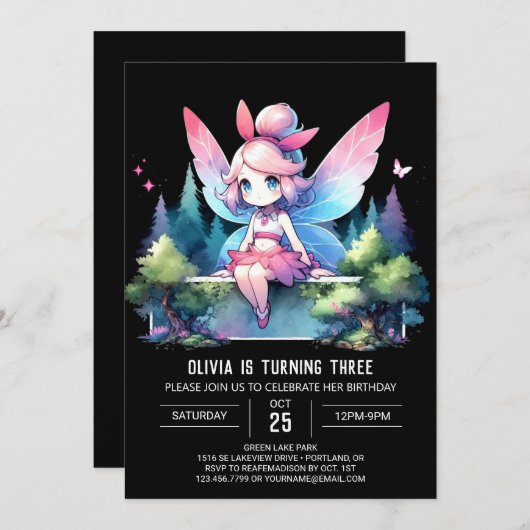 ミニマリストパステルフェアリー誕生日 招待状 (正面/裏面)