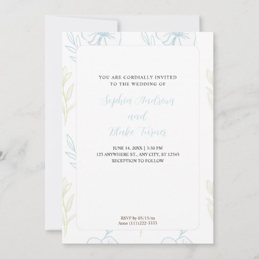 ミニマリストパステルブルー&グリーン結婚フローラ 招待状 (正面)