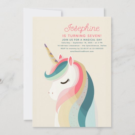 ミニマリストパステルユニコーン誕生日招待状 招待状 (正面)