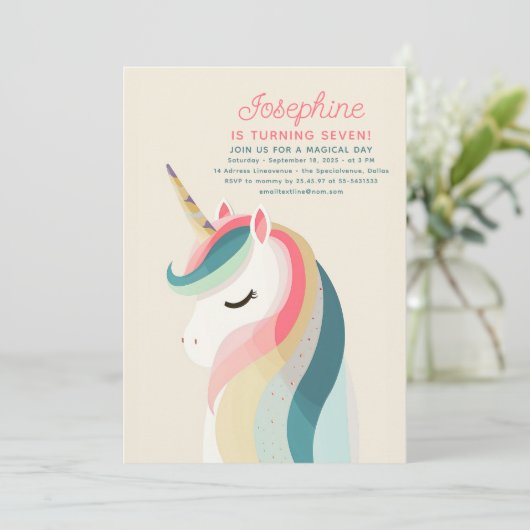 ミニマリストパステルユニコーン誕生日招待状 招待状 (スタンド正面)