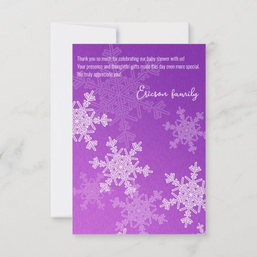 ミニマリストパープルスノーフレーク赤ちゃんシャワーありがとう サンキューカード (裏面)