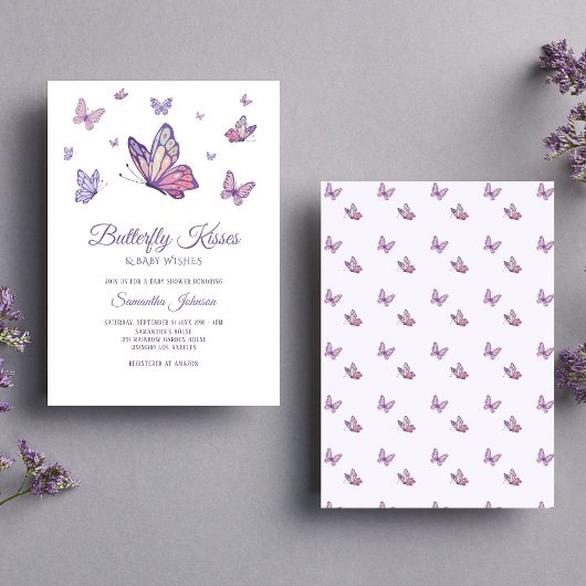ミニマリストパープルバタフライキスの赤ちゃんシャワー 招待状