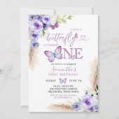 ミニマリストパープルバタフライファースト誕生日 招待状 (正面)