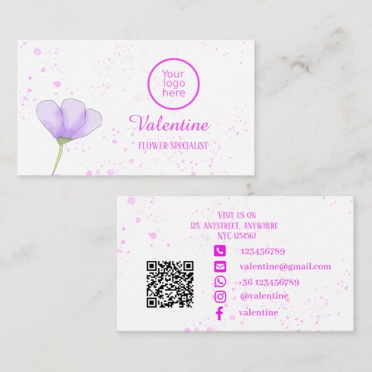 ミニマリストパープルフラワーピンクのスプラッシュフローリスト 名刺 (正面/裏面)