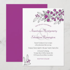 ミニマリストパープルベリーリーフ結婚式招待状 招待状