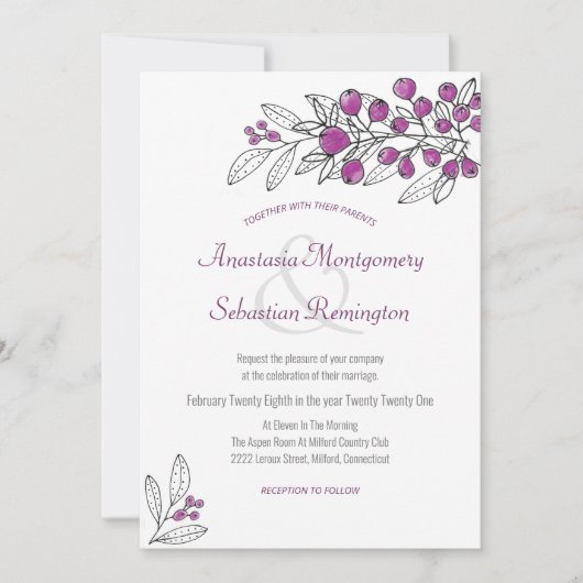 ミニマリストパープルベリーリーフ結婚式招待状 招待状 (正面)