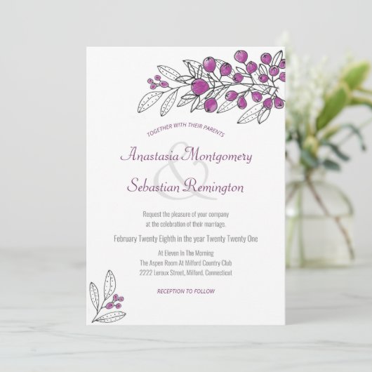 ミニマリストパープルベリーリーフ結婚式招待状 招待状 (スタンド正面)