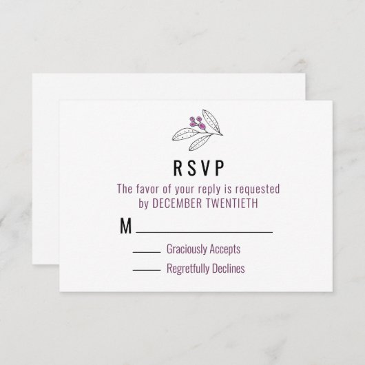 ミニマリストパープルベリー葉ズウェディングSVP 出欠カード (正面/裏面)
