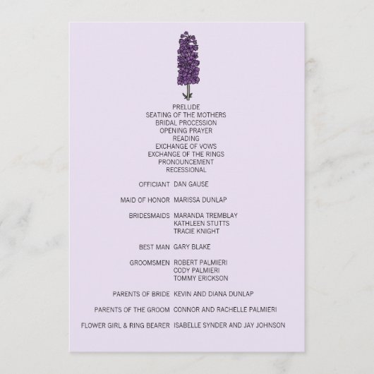 ミニマリストパープルラークスパー結婚式 プログラム (正面)