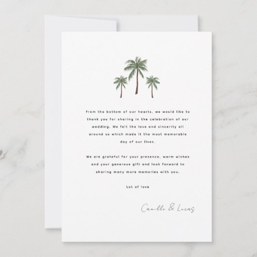 ミニマリストパームツリー結婚式感謝カード 招待状 (裏面)