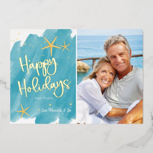 ミニマリストビーチ水彩画ハッピーホリデー 箔シーズンカード (正面)