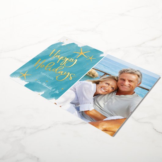 ミニマリストビーチ水彩画ハッピーホリデー 箔シーズンカード (回転した状態)