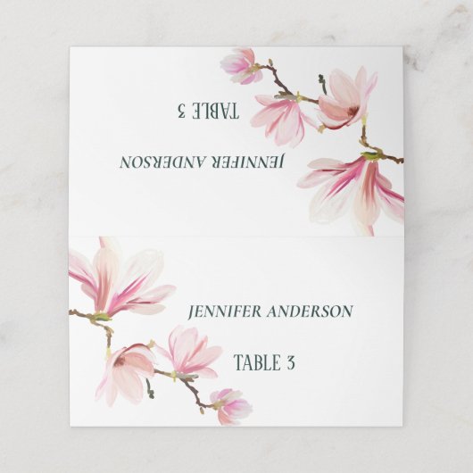 ミニマリストピンクと白マグノリアの花結婚の花 プレイスカード (外部開封)