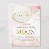 ミニマリストピンクと金ゴールドムーンガール誕生日テーマ 招待状 (正面)