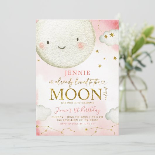 ミニマリストピンクと金ゴールドムーンガール誕生日テーマ 招待状 (スタンド正面)