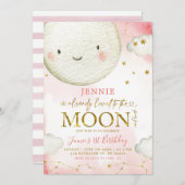 ミニマリストピンクと金ゴールドムーンガール誕生日テーマ 招待状 (正面/裏面)