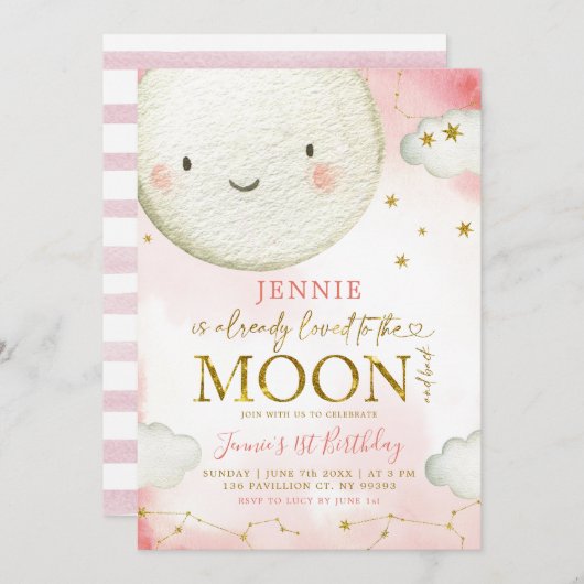 ミニマリストピンクと金ゴールドムーンガール誕生日テーマ 招待状 (正面/裏面)