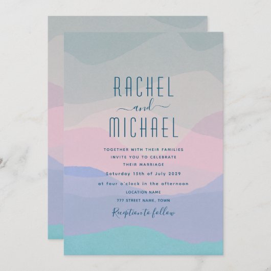 ミニマリストピンクアンドパステルブルー結婚式招待状 招待状 (正面/裏面)