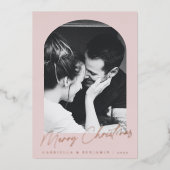 ミニマリストピンクアーチ2フォトクリスマスバラ金ゴールド 箔シーズンカード (正面)