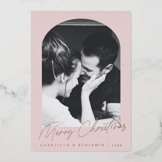 ミニマリストピンクアーチ2フォトクリスマスバラ金ゴールド 箔シーズンカード (正面)