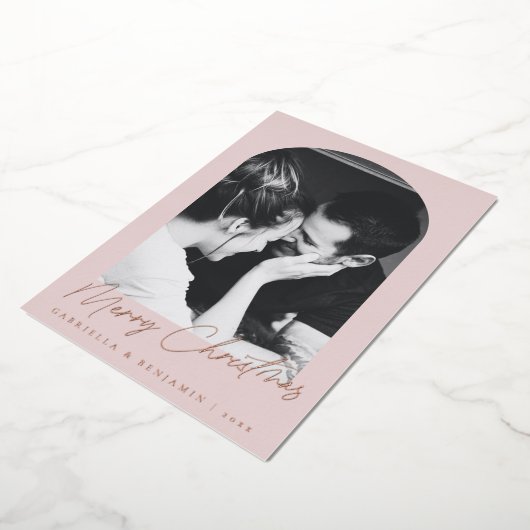 ミニマリストピンクアーチ2フォトクリスマスバラ金ゴールド 箔シーズンカード (回転した状態)