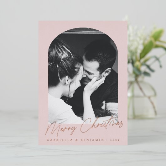 ミニマリストピンクアーチ2フォトクリスマスバラ金ゴールド 箔シーズンカード (立ち正面)