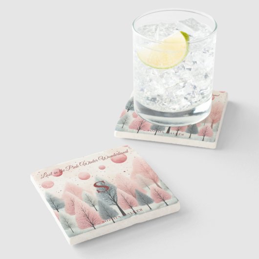 ミニマリストピンクウィンターフォレストワンダーランドモノグラム ストーンコースター (横)