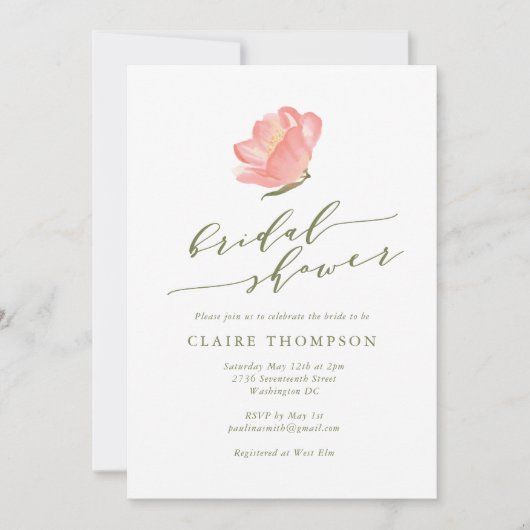 ミニマリストピンクウォーターカラーフラワーブライダルシャワー 招待状 (正面)
