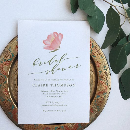 ミニマリストピンクウォーターカラーフラワーブライダルシャワー 招待状