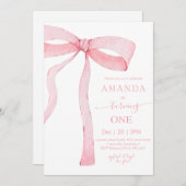 ミニマリストピンクウォーターカラーリボン誕生日 招待状 (正面/裏面)